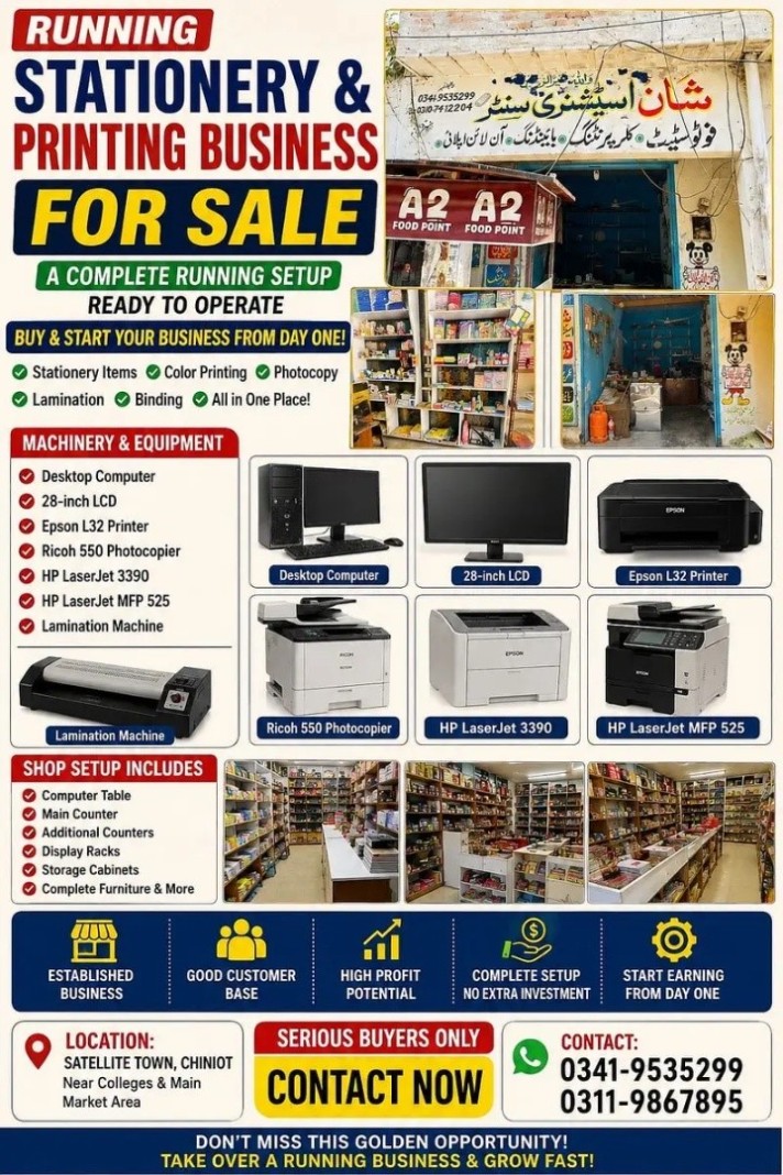 Stationery & Printing Business for Sale - Satellite Town - Chiniot
